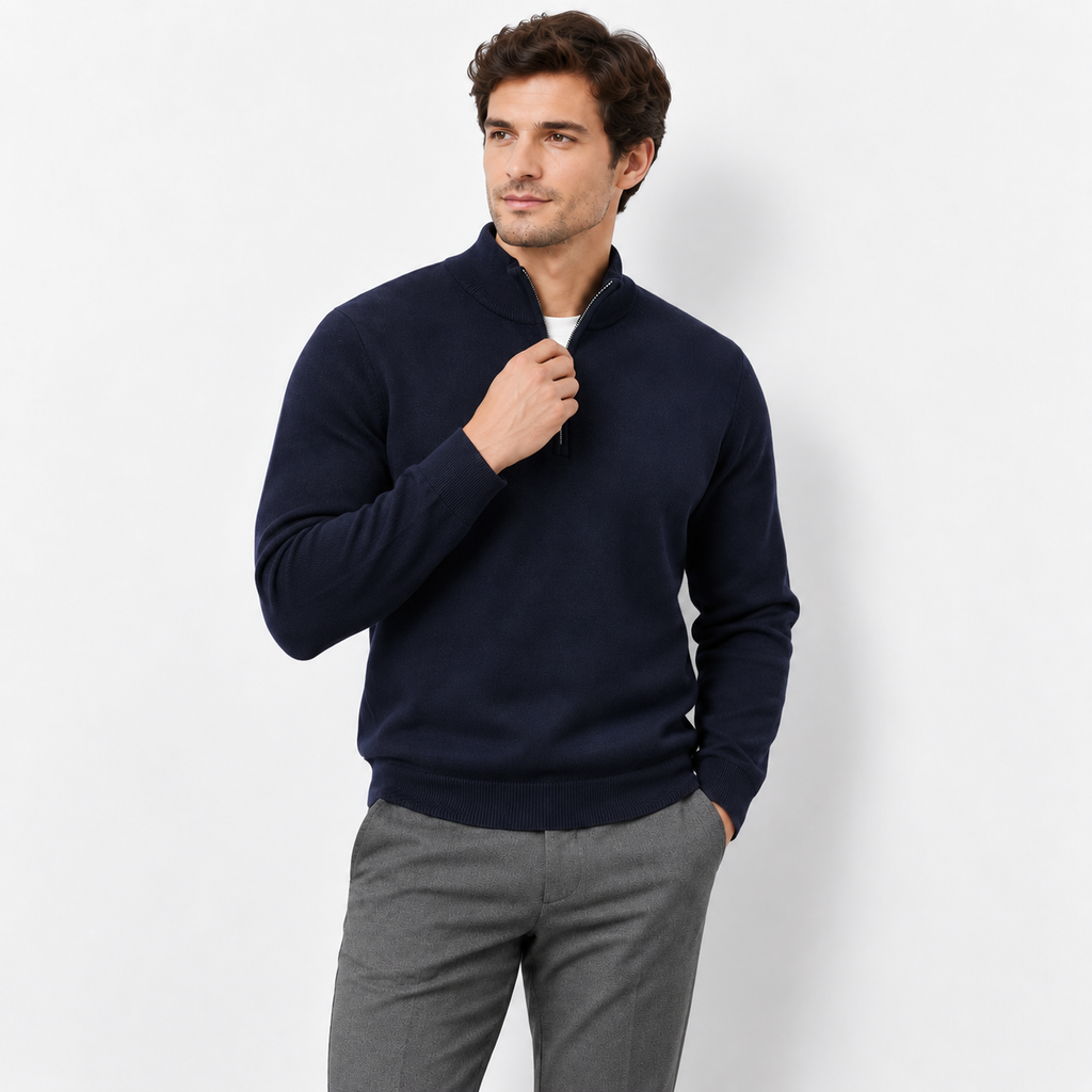 Men’s Warm Stand Collar Zip-Up Knit Sweater – Business Casual Fall & Winter Pullover