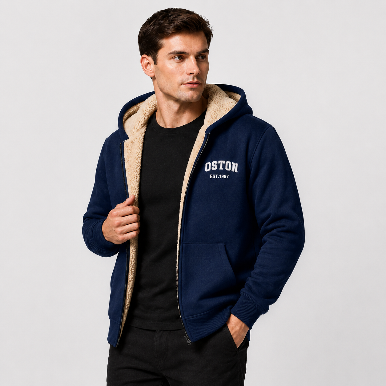 Casual Men's Jacket with Contrasting Hood – Zip Closure and Letter Print