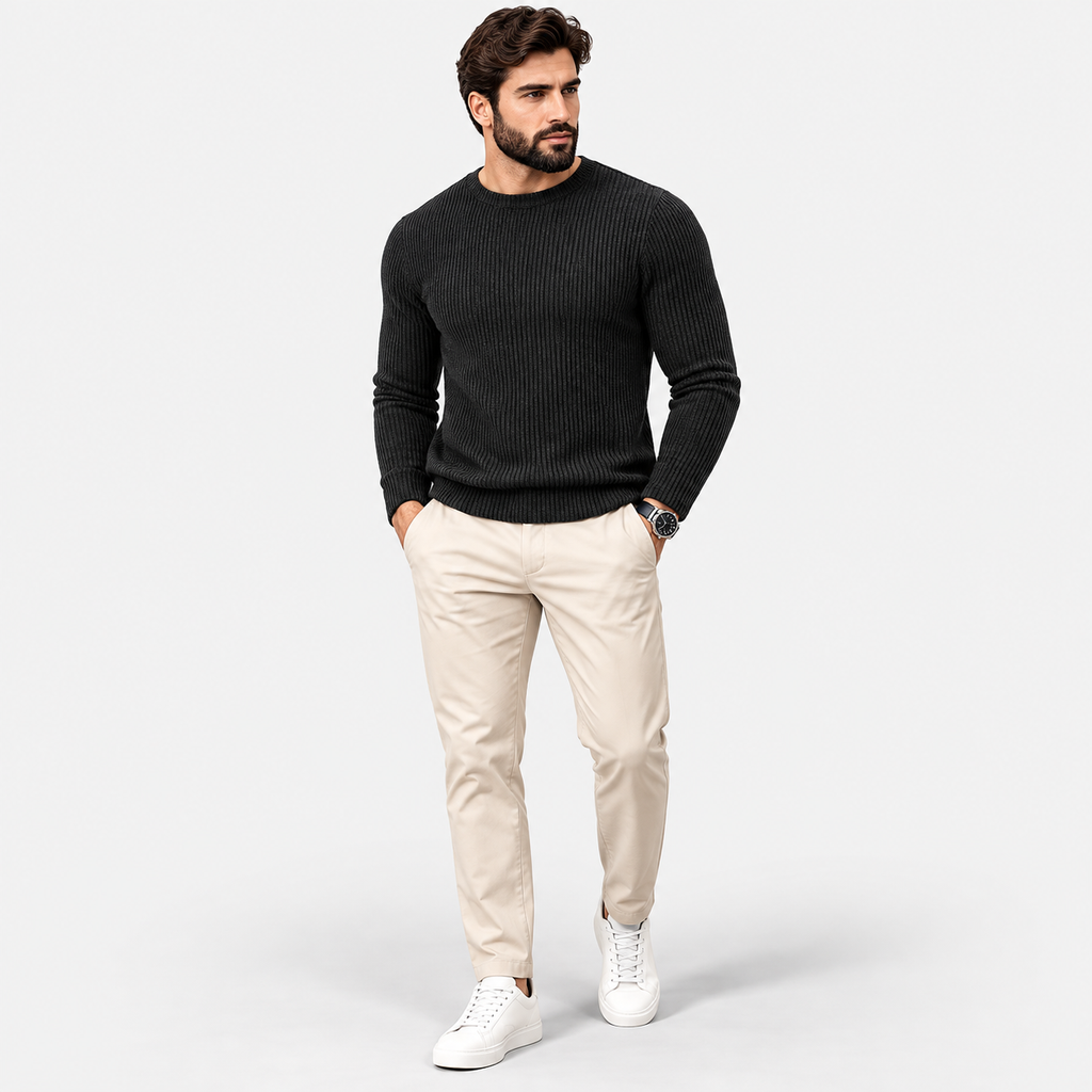 Men’s Ribbed Jacquard Knit Sweater – Casual Spring & Autumn Top