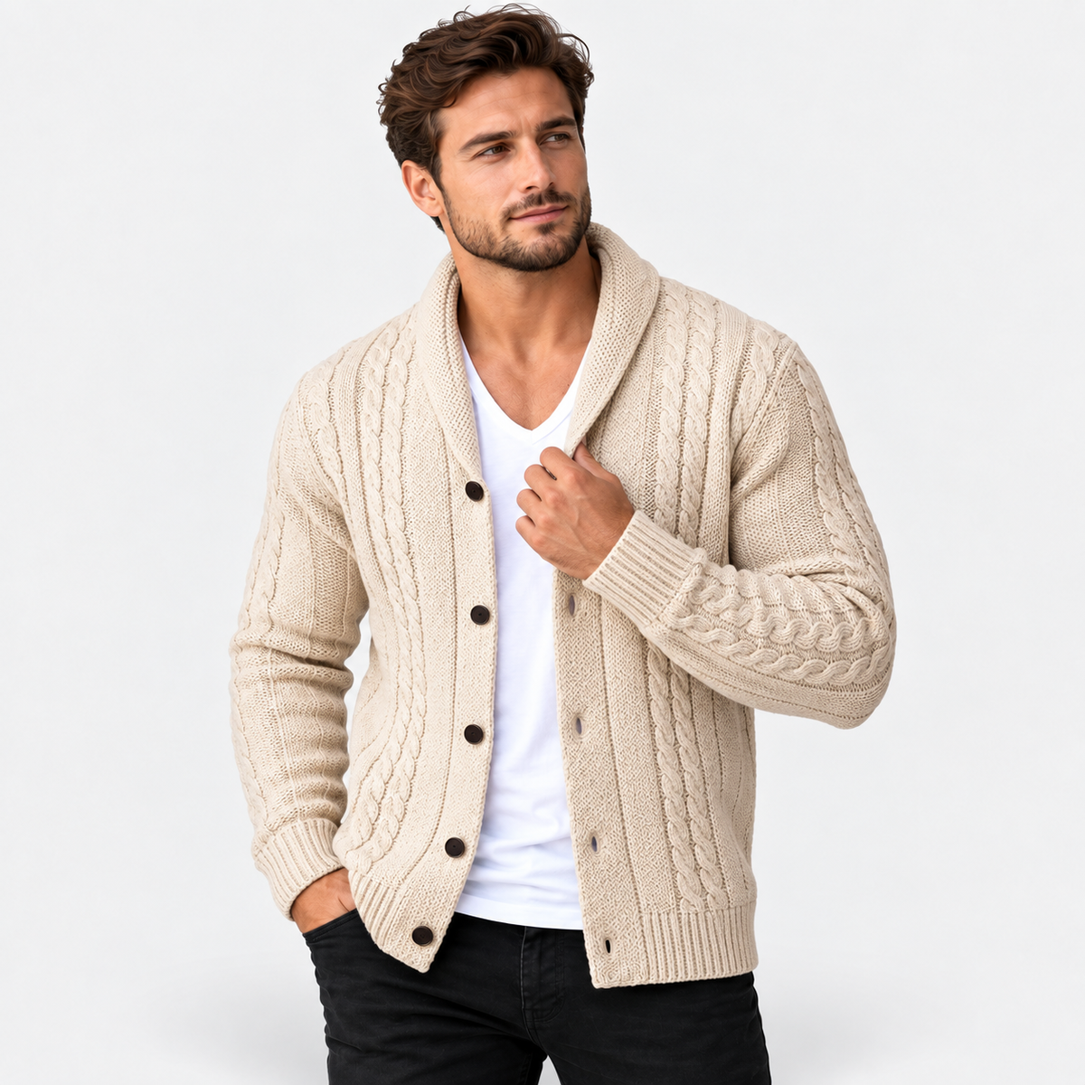 Men’s Cable Knit Button Cardigan – Warm Casual Autumn & Winter Sweater