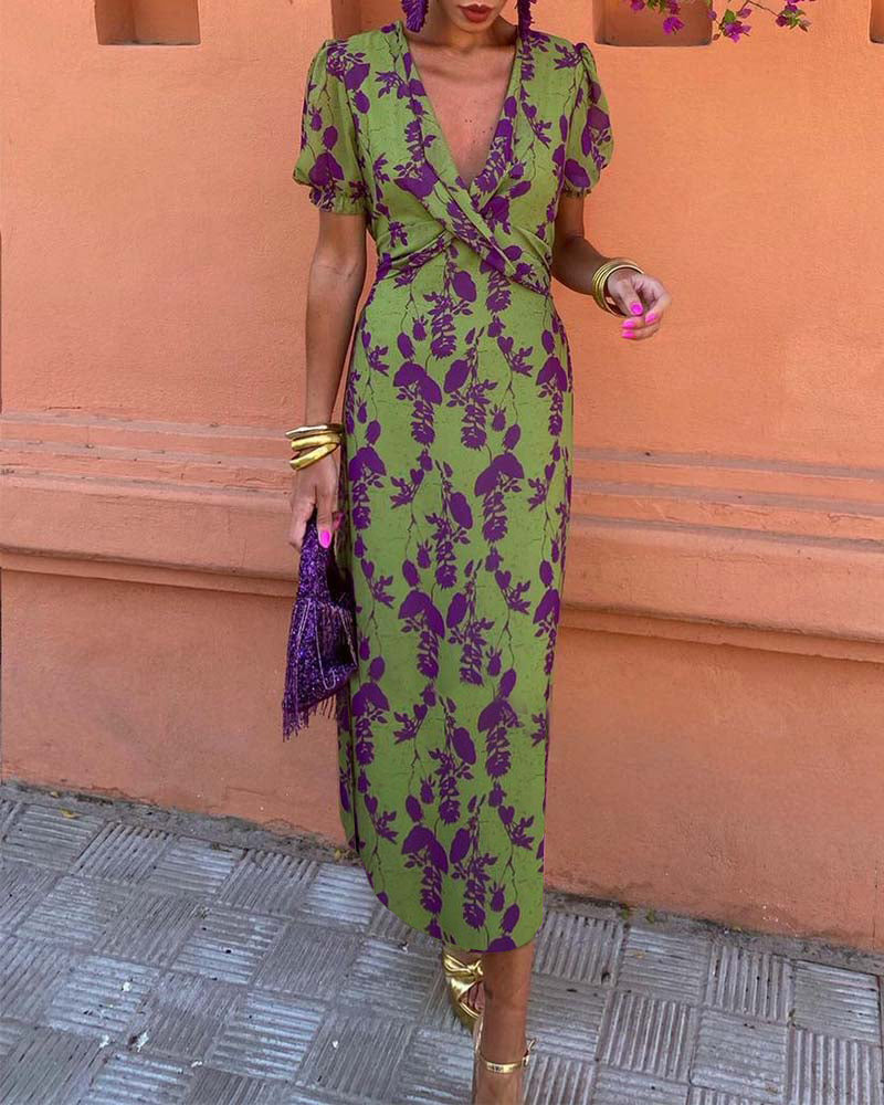 Deva | bloemenprint midi jurk v-hals zomer casual