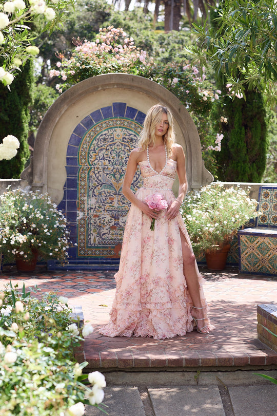 Alexa | Halter maxi jurk pofrok bloemen parel detail