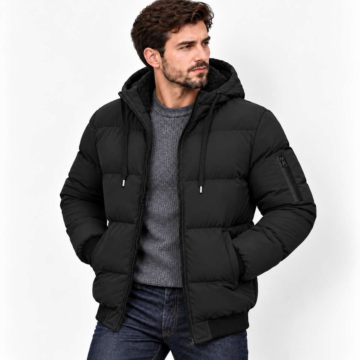 Men’s Winter Plush Hooded Jacket – Thick Warm Zip-Up Outdoor Coat