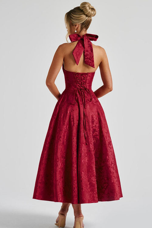 Genevieve | Halter jacquard maxi jurk v-hals elegant chic