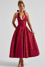 Genevieve | Halter jacquard maxi jurk v-hals elegant chic