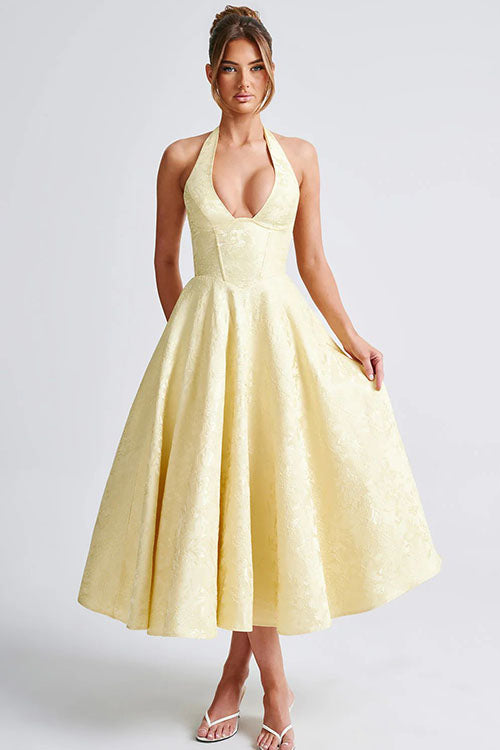 Genevieve | Halter jacquard maxi jurk v-hals elegant chic