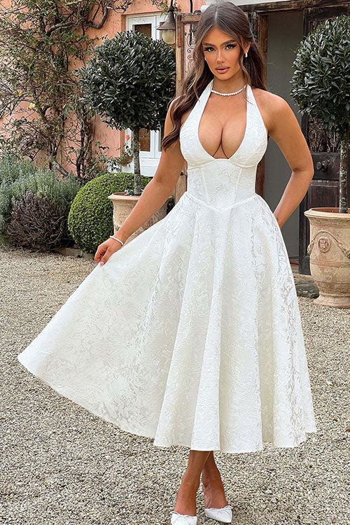 Genevieve | Halter jacquard maxi jurk v-hals elegant chic