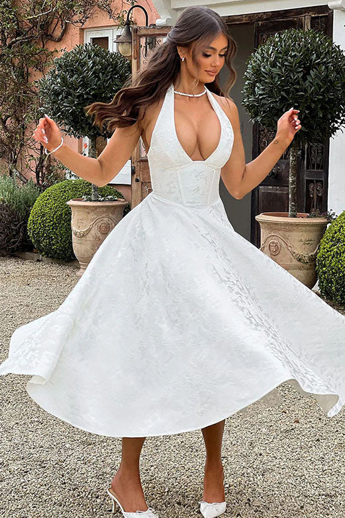 Genevieve | Halter jacquard maxi jurk v-hals elegant chic
