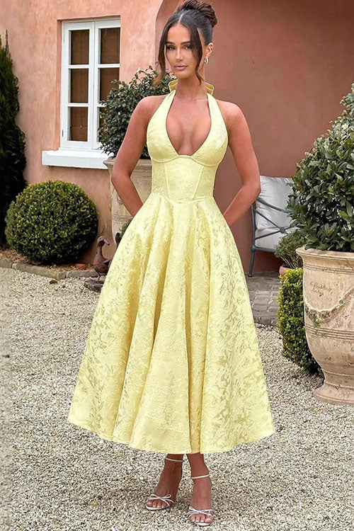 Genevieve | Halter jacquard maxi jurk v-hals elegant chic