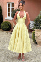 Genevieve | Halter jacquard maxi jurk v-hals elegant chic
