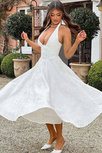 Genevieve | Halter jacquard maxi jurk v-hals elegant chic