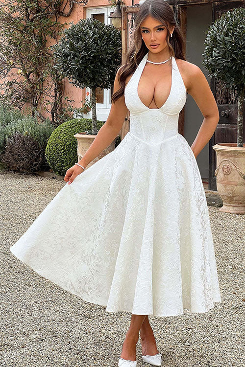 Genevieve | Halter jacquard maxi jurk v-hals elegant chic
