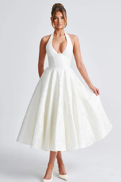 Genevieve | Halter jacquard maxi jurk v-hals elegant chic