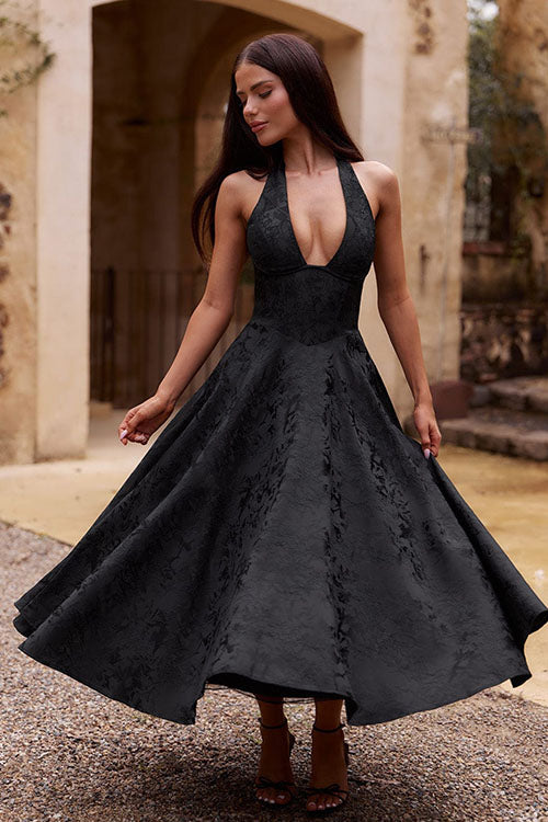 Genevieve | Halter jacquard maxi jurk v-hals elegant chic