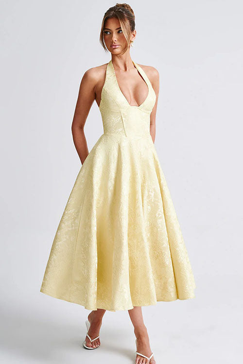 Genevieve | Halter jacquard maxi jurk v-hals elegant chic