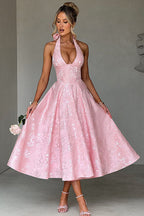 Genevieve | Halter jacquard maxi jurk v-hals elegant chic