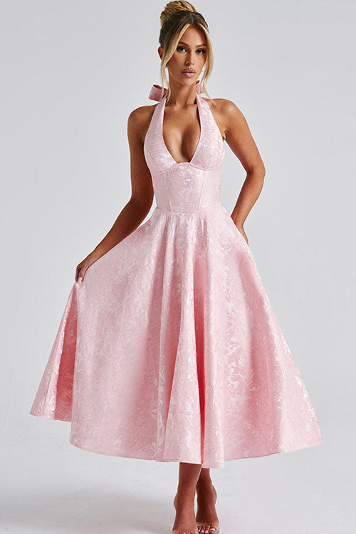 Genevieve | Halter jacquard maxi jurk v-hals elegant chic