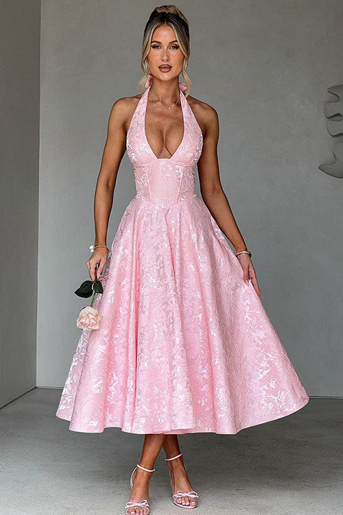 Genevieve | Halter jacquard maxi jurk v-hals elegant chic
