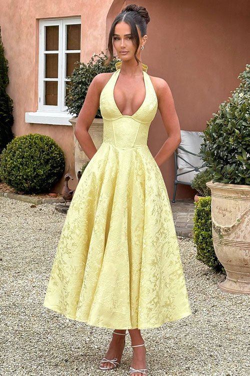 Genevieve | Halter jacquard maxi jurk v-hals elegant chic