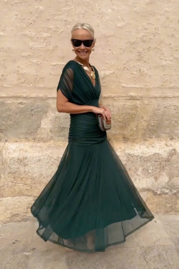 Alison | Vloeiende maxi jurk v-hals geplooid elegant