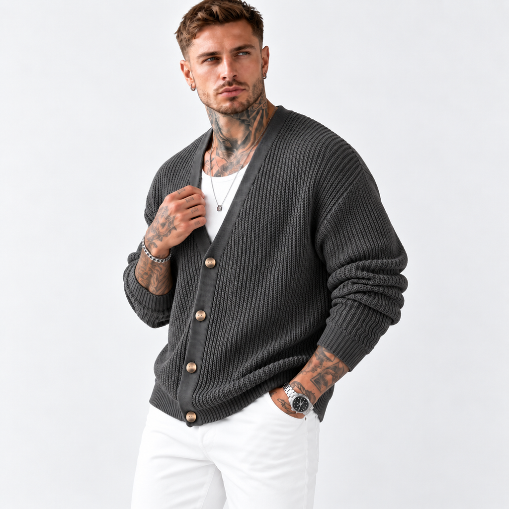 Men’s Dark Green Knit Cardigan – Casual Lapel Open-Front Fall & Winter Sweater