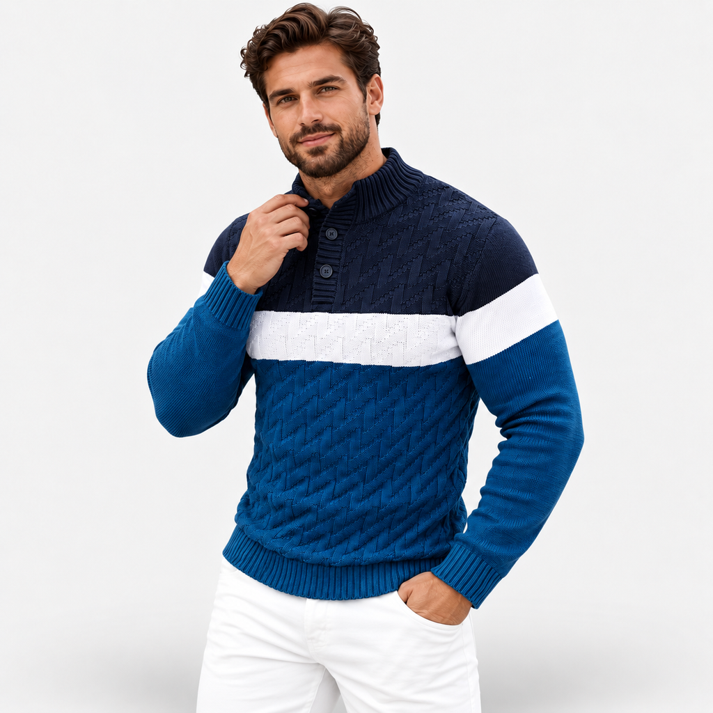 Men’s Stand Collar Quarter-Button Knit Pullover – Casual Stitched Sweater