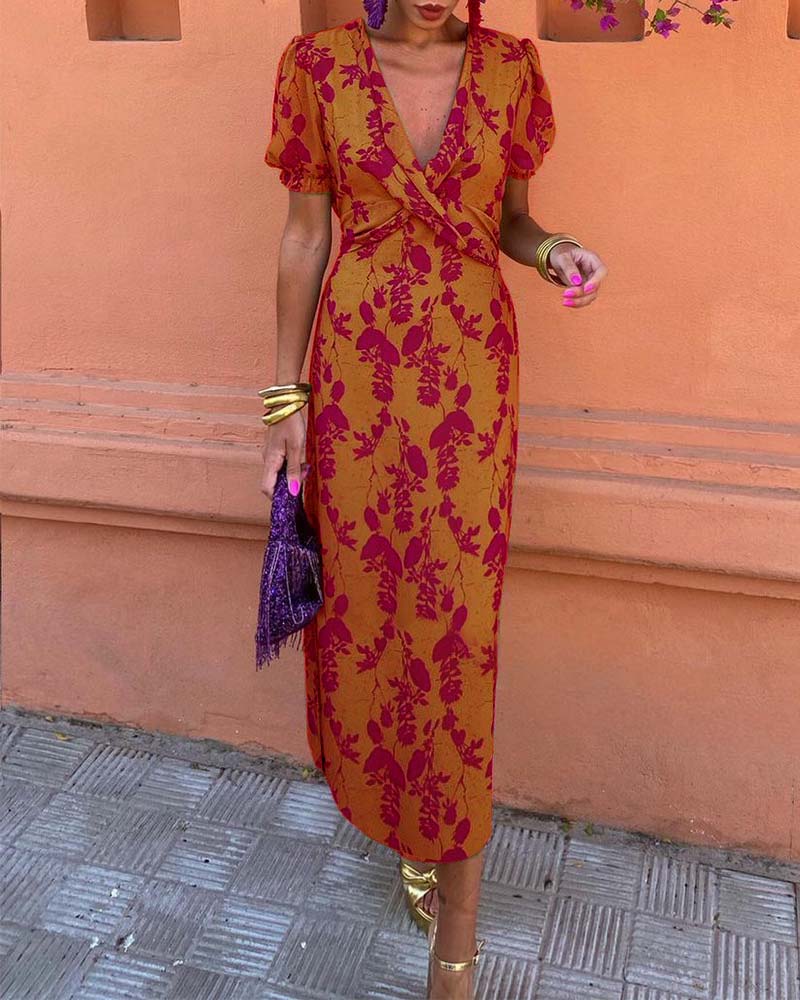 Deva | bloemenprint midi jurk v-hals zomer casual