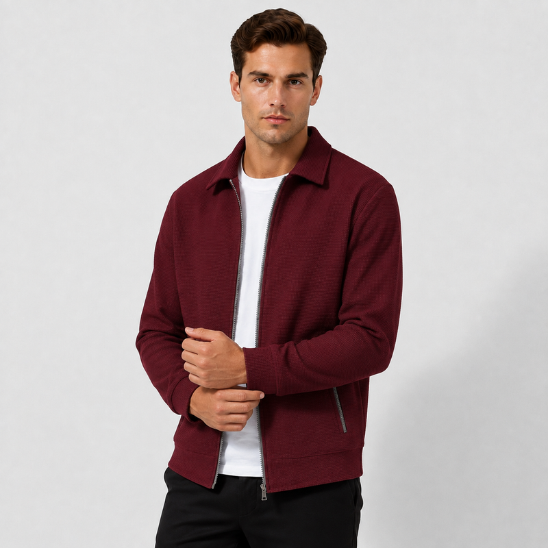 Men’s Waffle-Knit Full-Zip Jacket – Lightweight Casual Sporty Jacket