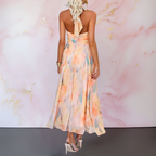 Audrey | Elegante halter maxi jurk open rug print