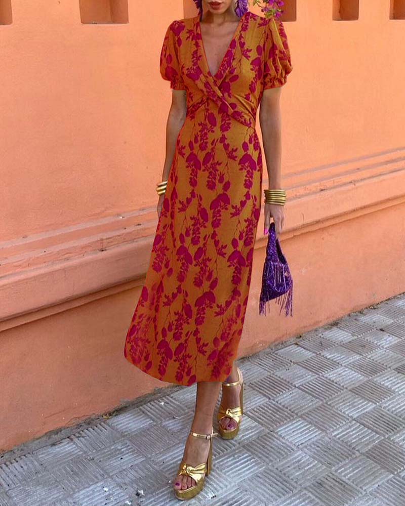 Deva | bloemenprint midi jurk v-hals zomer casual