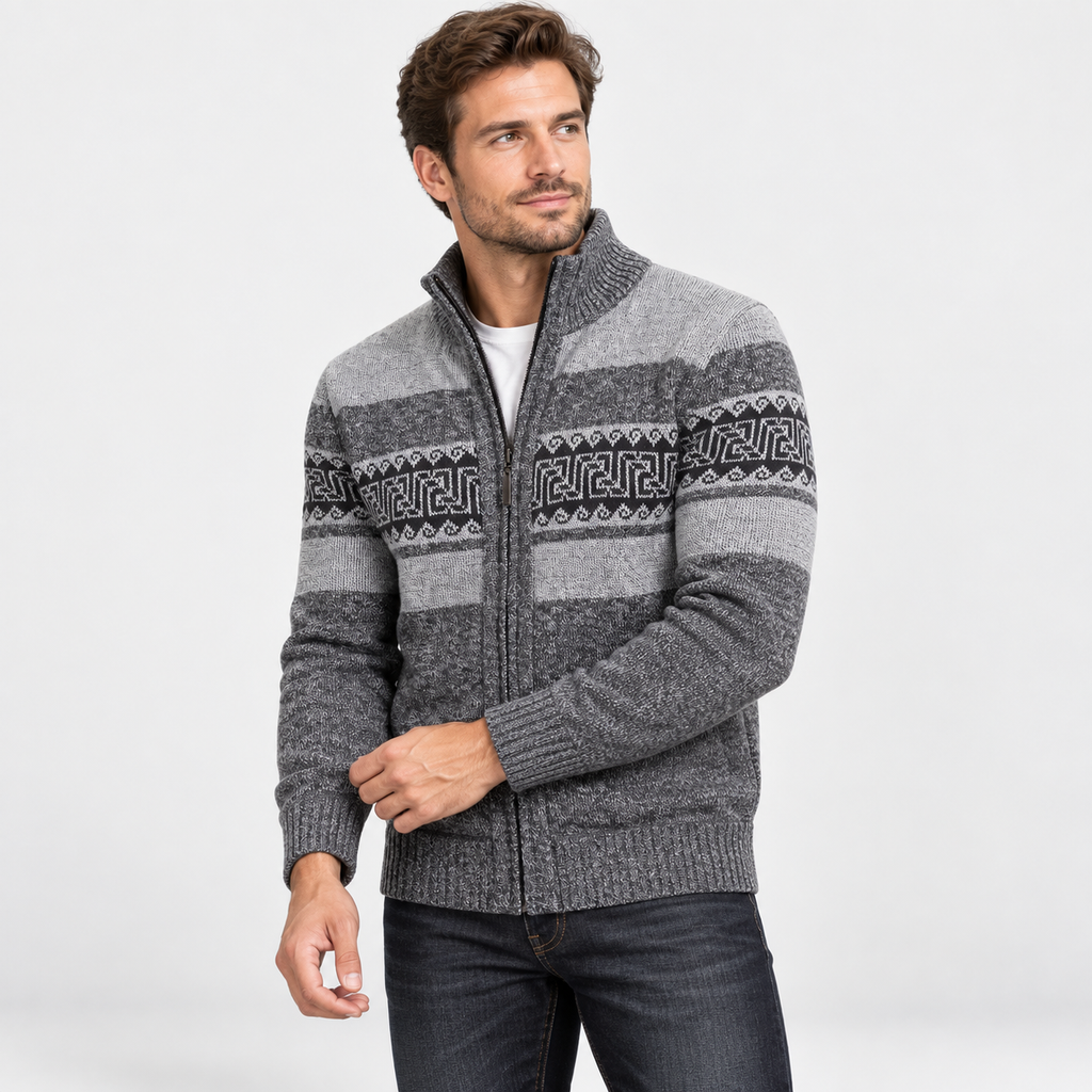 Men’s Thermal Fleece-Lined Knit Sweater – Ethnic Wave Stand Collar Pullover with Pockets