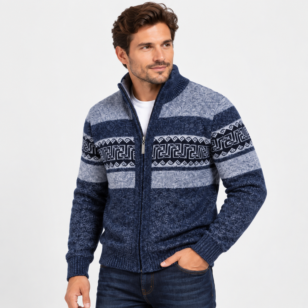 Men’s Thermal Fleece-Lined Knit Sweater – Ethnic Wave Stand Collar Pullover with Pockets