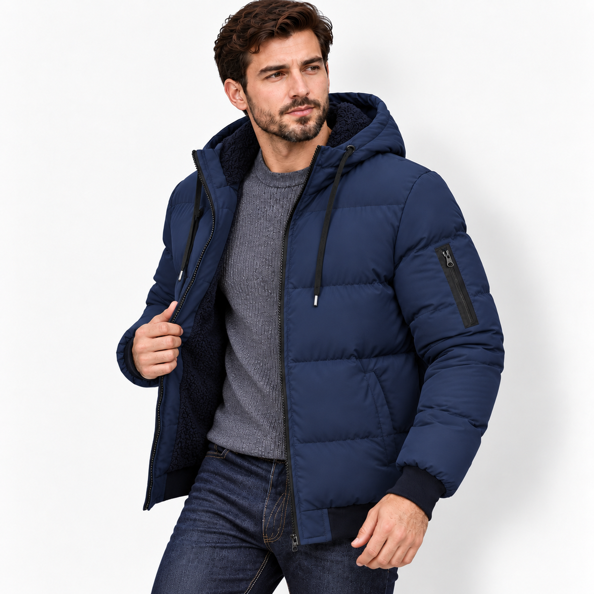 Men’s Winter Plush Hooded Jacket – Thick Warm Zip-Up Outdoor Coat