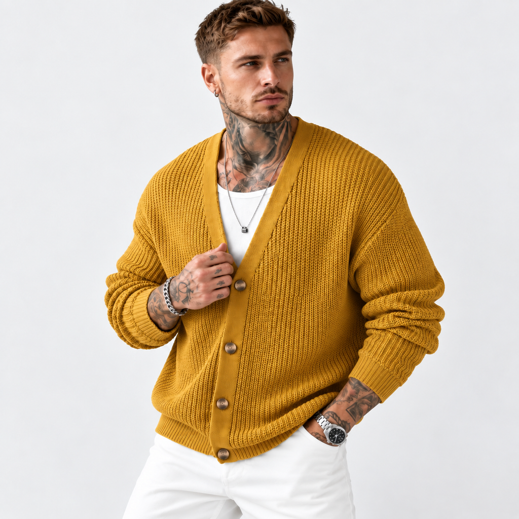 Men’s Dark Green Knit Cardigan – Casual Lapel Open-Front Fall & Winter Sweater