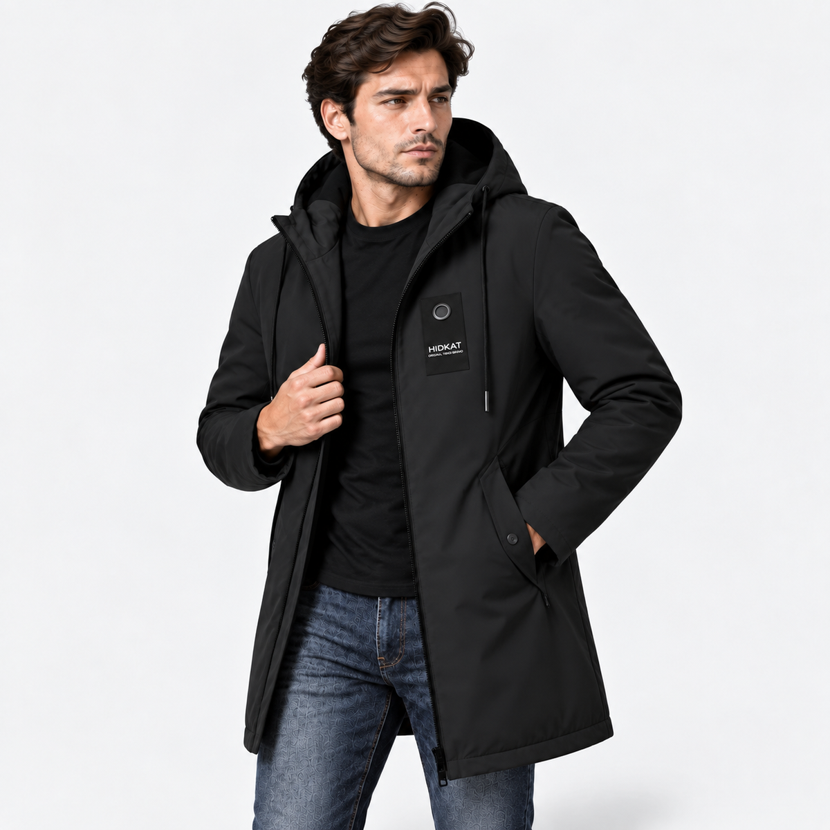 Men’s Hooded Trench Coat – Casual Drawstring Zip-Up Spring & Autumn Jacket