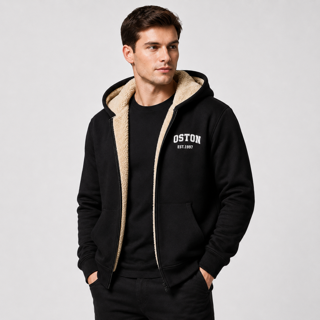 Casual Men's Jacket with Contrasting Hood – Zip Closure and Letter Print