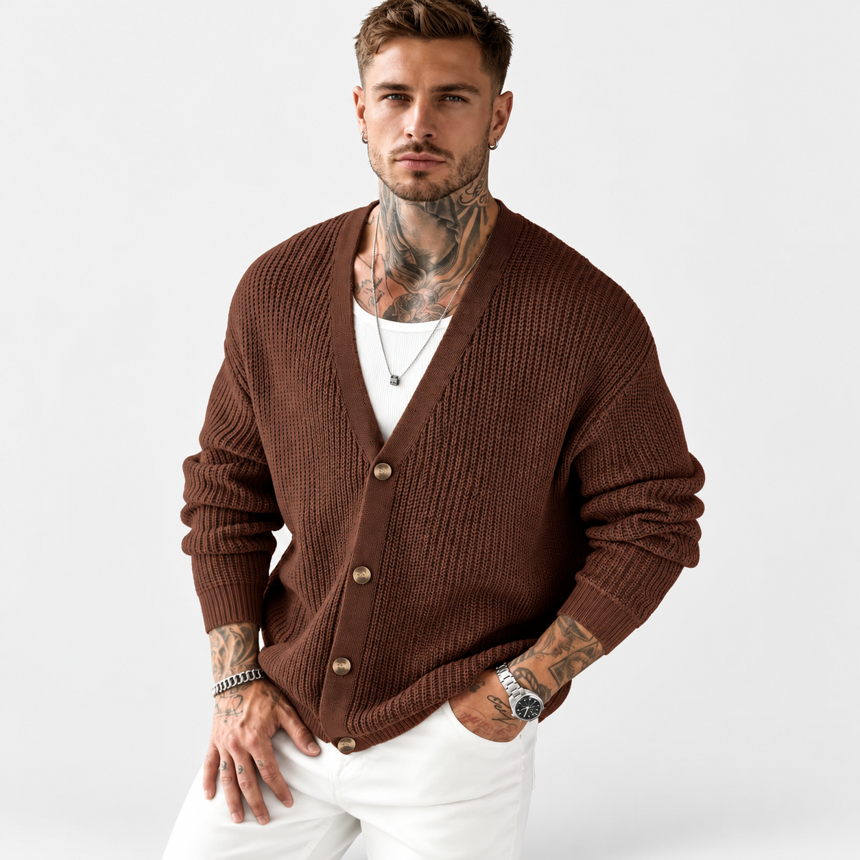 Men’s Dark Green Knit Cardigan – Casual Lapel Open-Front Fall & Winter Sweater
