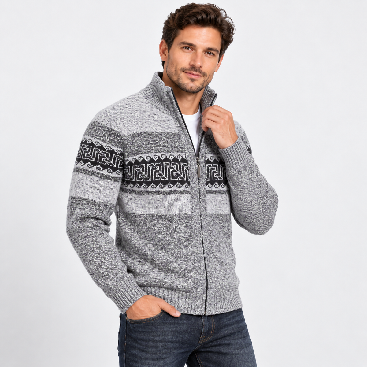 Men’s Thermal Fleece-Lined Knit Sweater – Ethnic Wave Stand Collar Pullover with Pockets