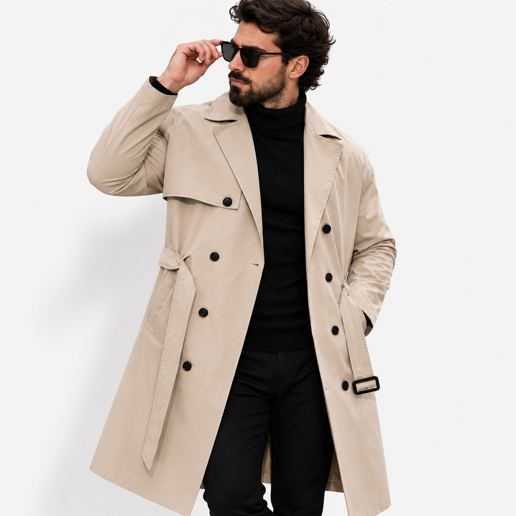 Men’s Double-Breasted Trench Coat – Mid-Length Casual Autumn & Winter Overcoat