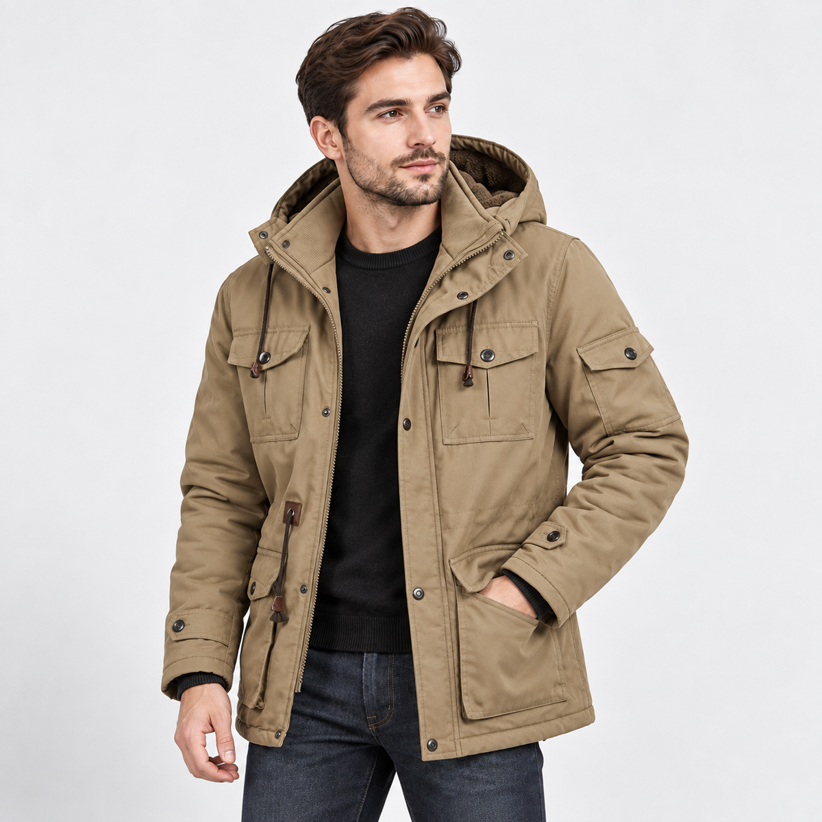 Men’s Heavyweight Detachable Hood Cargo Bomber Jacket