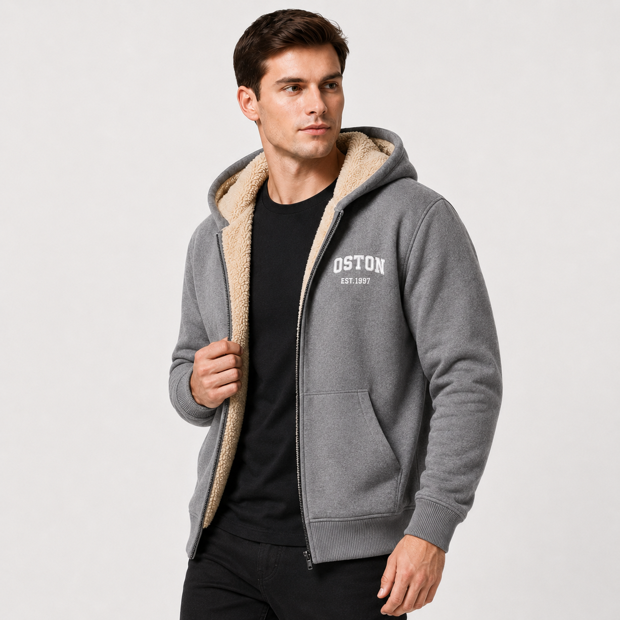 Casual Men's Jacket with Contrasting Hood – Zip Closure and Letter Print