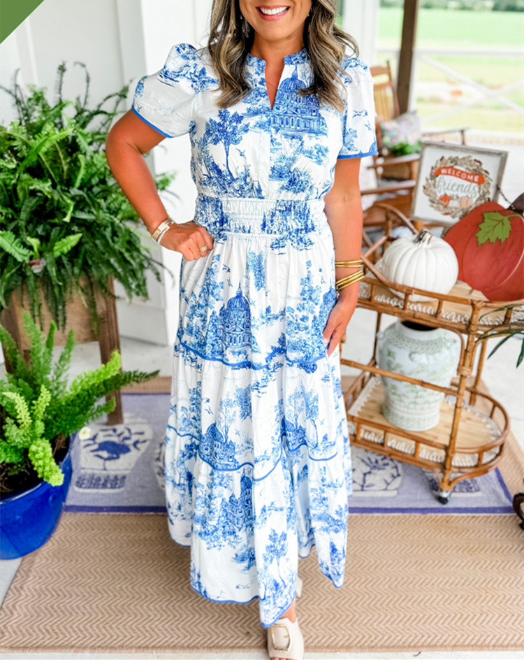 Camille | Klassieke toile maxi jurk geplooid getailleerd