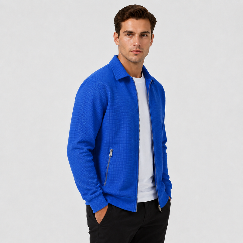 Men’s Waffle-Knit Full-Zip Jacket – Lightweight Casual Sporty Jacket
