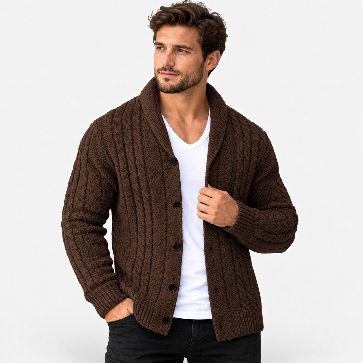 Men’s Cable Knit Button Cardigan – Warm Casual Autumn & Winter Sweater