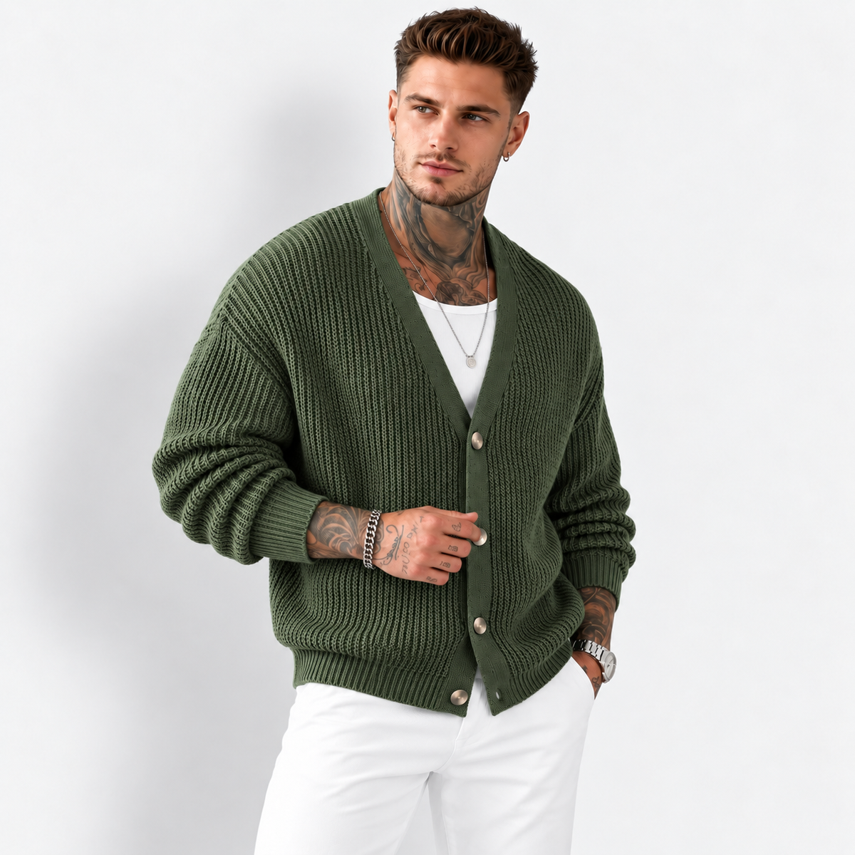 Men’s Dark Green Knit Cardigan – Casual Lapel Open-Front Fall & Winter Sweater