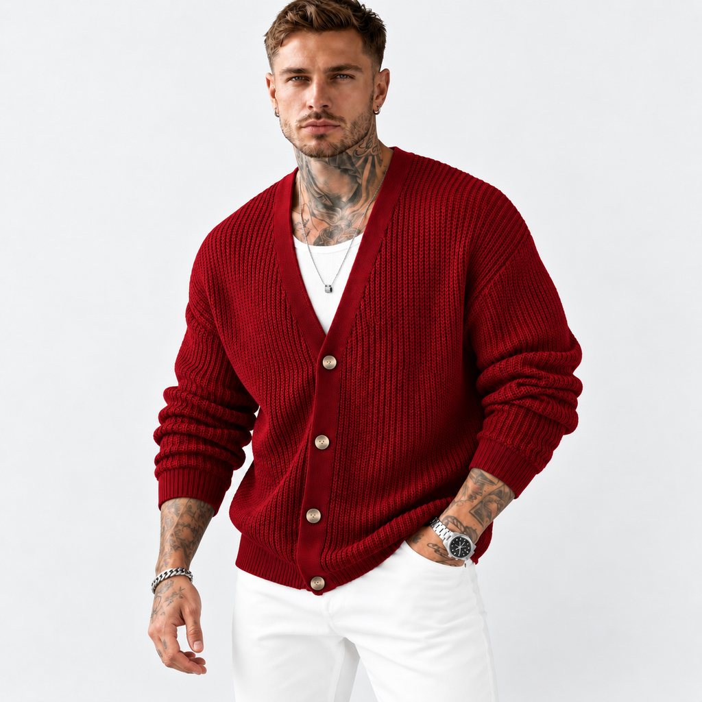Men’s Dark Green Knit Cardigan – Casual Lapel Open-Front Fall & Winter Sweater