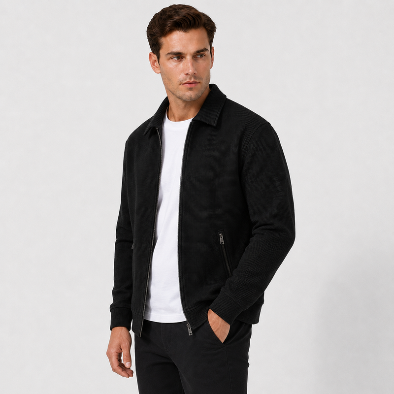 Men’s Waffle-Knit Full-Zip Jacket – Lightweight Casual Sporty Jacket