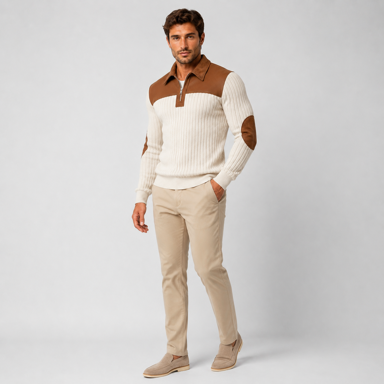 Men’s Color-Block Stand Collar Pullover – Warm Half-Zip Casual Sweater