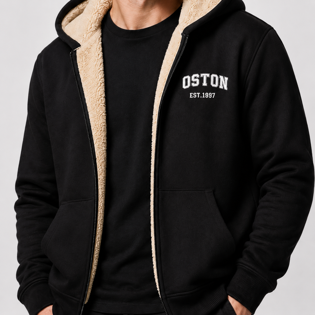 Casual Men's Jacket with Contrasting Hood – Zip Closure and Letter Print