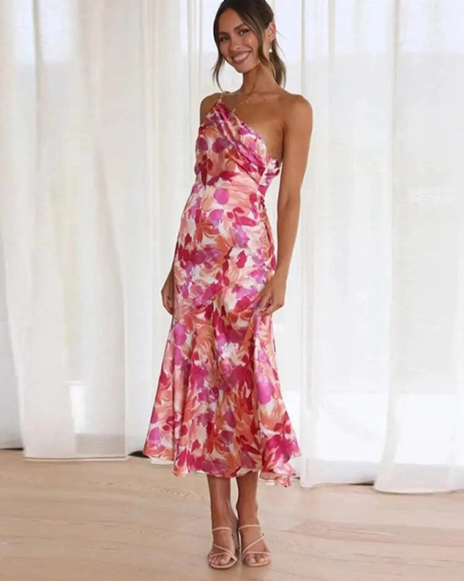 Genevieve | Bloemen asymmetrische midi jurk elegant feest